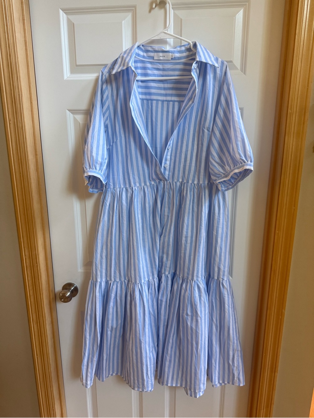 Maye Blue & White Striped Tiered  Dress NWOT size large